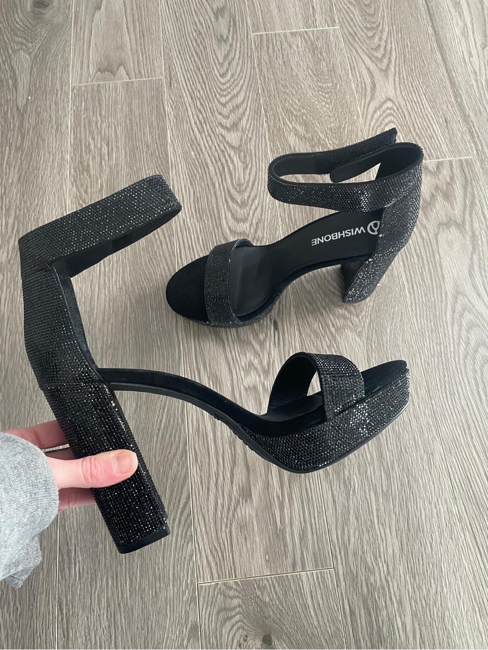 WISHBONE Black Sparkle Block Heel Sandals with Ankle Strap NWT size10